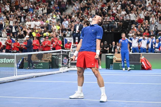 Jiri Lehecka (CZE) reacts as he won the game against Ben Shelton (USA) of the 2026 Davis Cup men s team tennis World Championship, WM, Weltmeisterschaft match between the Czech Republic and the United States, in Prague, Czech Republic, on September 18, 2026. (CTKxPhoto MichalxKamaryt) CTKPhotoP2026091807033  CTKPhotoP2026091807033
