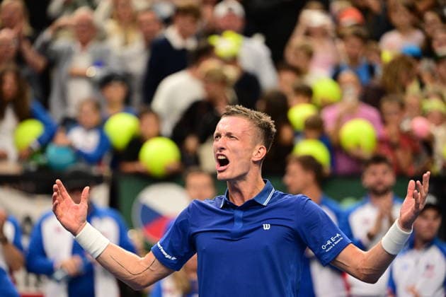 Jiri Lehecka (CZE) reacts as he won the game against Ben Shelton (USA) of the 2026 Davis Cup men s team tennis World Championship, WM, Weltmeisterschaft match between the Czech Republic and the United States, in Prague, Czech Republic, on September 18, 2026. (CTKxPhoto MichalxKamaryt) CTKPhotoP2026091807054  CTKPhotoP2026091807054