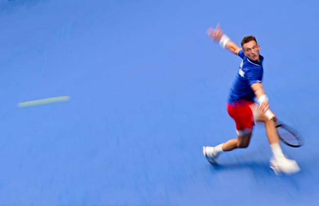 Jiri Lehecka (CZE), photo, playes against Ben Shelton (USA) in their game of the 2026 Davis Cup men s team tennis World Championship, WM, Weltmeisterschaft match between the Czech Republic and the United States, in Prague, Czech Republic, on September 18, 2026. (CTKxPhoto RomanxVondrous) CTKPhotoP2026091807181  CTKPhotoP2026091807181