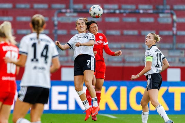 GPFBL, 1. FSV Mainz 05 - Eintracht Frankfurt, 18.09.2026, Mainz Kopfballduell zwischen Ereleta Memeti (Eintracht Frankfurt, 7) und Rio Takizawa (1. FSV Mainz 05, 8) im Spiel der Google Pixel Frauen Bundesliga am 5. Spieltag der Saison 2026 27 zwischen dem 1. FSV Mainz 05 und Eintracht Frankfurt in der MEWA Arena, Mainz, 18.09.2026. Copyright: xBEAUTIFULxSPORTS Hahnex