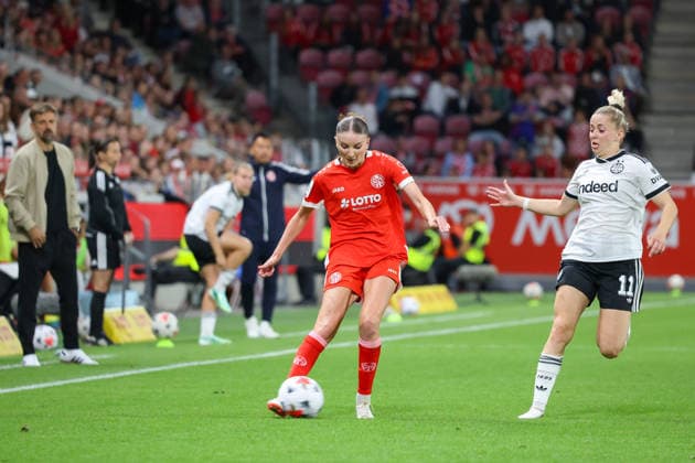 18.09.2026, xusrbx, Fussball Google Pixel Frauen-Bundesliga, FSV Mainz 05 - Eintracht Frankfurt v.l. Gentiana Fetaj (FSV Mainz 05, 7), Nina Luehrssen (Eintracht Frankfurt, 11), Mainz