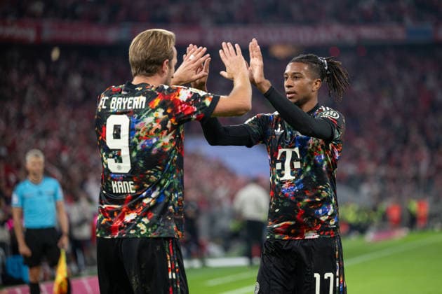 GER, Bayern, Muenchen, Fussball, FC Bayern Muenchen - 1. FC Union Berlin, in der Allianz Arena, Muenchen, Bundesliga, 4. Spieltag, 18.09.26, v.l. Harry Kane (FC Bayern Muenchen, 9), Michael Akpovie Olise (FC Bayern Muenchen, 17), Torjubel, Freude, Emotionen, Jubel, Feiern, Goal Scored, Celebrate, goal celebration, joy, emotions, celebration, cheering, goal scored, celebrate, zum 4:0 DFL DFB regulations prohibit any use of photographs as image sequences and or quasi-video, Copyright: HMB-Media MichaelxNibel