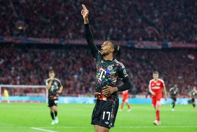 Jubel zum Tor zum 6:0 durch Michael Olise (FC Bayern Muenchen, 17), GER, FC Bayern Muenchen vs. 1. FC Union Berlin, Fussball, Bundesliga, 4. Spieltag, Saison 2026 2027, 18.09.2026, DFL DFB REGULATIONS PROHIBIT ANY USE OF PHOTOGRAPHS as IMAGE SEQUENCES and or QUASI-VIDEO, GER, FC Bayern Muenchen vs. 1. FC Union Berlin, Fussball, Bundesliga, 4. Spieltag, Saison 2026 2027, 18.09.2026 Muenchen Copyright: xEibner-Pressefoto JennixMaulx EP_JML