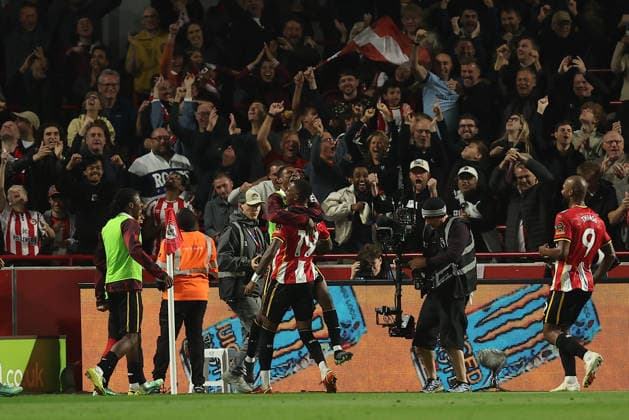 18th September 2026; Gtech Community Stadium, London, England; Premier League Football, Brentford versus Chelsea; Jaidon Anthony of Brentford celebrates his goal in the 61st minute for 1-0 KatiexChan