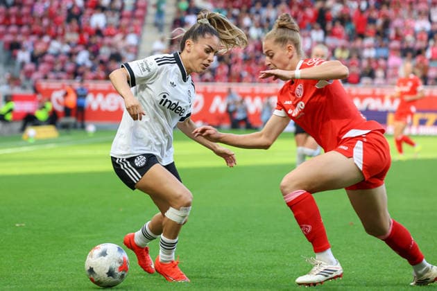 18.09.2026, xusrbx, Fussball Google Pixel Frauen-Bundesliga, FSV Mainz 05 - Eintracht Frankfurt v.l. Ereleta Memeti (Eintracht Frankfurt, 7),im Zweikampf mit, Saskia Matheis (FSV Mainz 05, 19), Mainz
