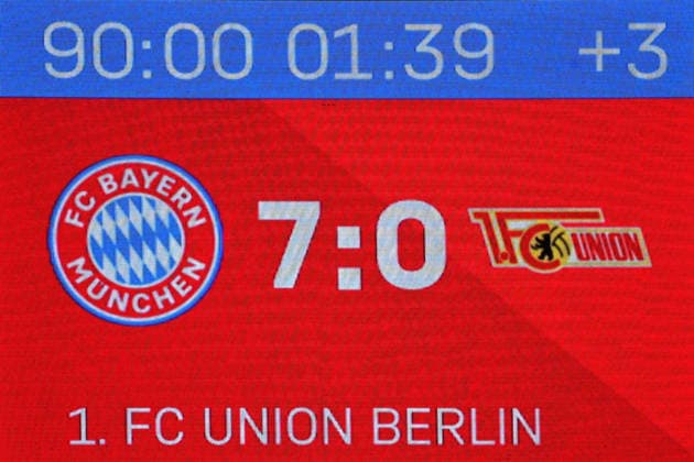 Videowand mit Endergebnis. Fussball 1. Bundesliga Saison 2026 2027, 4.Spieltag, Spieltag04, FC Bayern Muenchen - 1.FC Union Berlin 7-0 am 18.09.2026 , A L L I A N Z A R E N A.