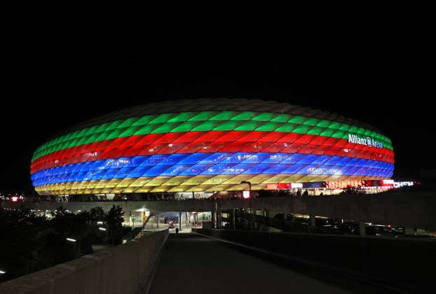 Fussball, Herren, Bundesliga, Saison 2026 2027, FC Bayern München - 1. FC Union Berlin, Allianz Arena Die Allianz Arena nach dem Spiel in einer Sonderbeleuchtung, Olympia Bewerbung, Olympia DFB, DFL regulations prohibit any use of photographs as image sequences and or quasi-video