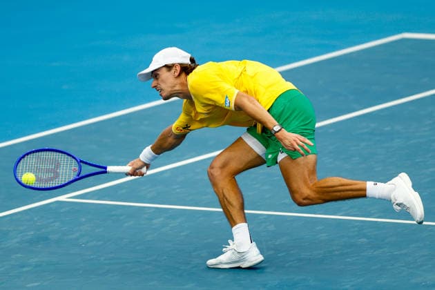 TENNIS DAVIS CUP AUSTRALIA POLAND, Alex de Minaur of Australia plays a forehand during the Davis Cup match between Australia and Poland at Pat Rafter Arena in Brisbane, Saturday, September 19, 2026. ( NO ARCHIVING, EDITORIAL USE ONLY  Copyright: xRUSSELLxFREEMANx 20260919196457159332