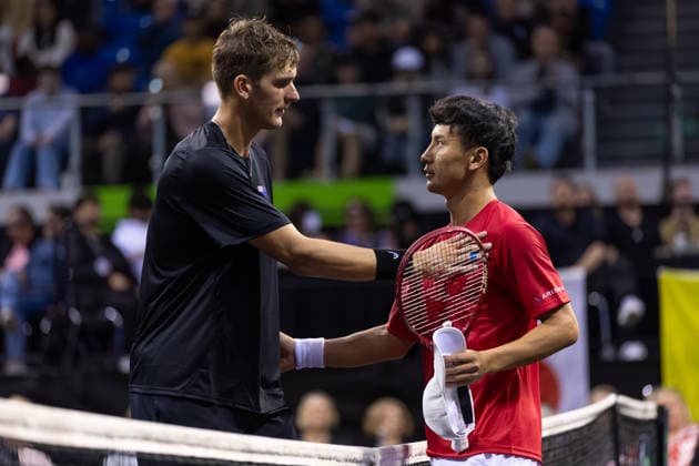 James Watt (NZL) and Sho Shimabukuro (JPN) shake hands after match 2, James Watt (NZL) vs Sho Shimabukuro (JPN) during Round 1 Davis Cup Tennis at Trusts Arena, Auckland, New Zealand on Saturday 19 September 2026. Photo: Joshua Devenie z Copyright: xx