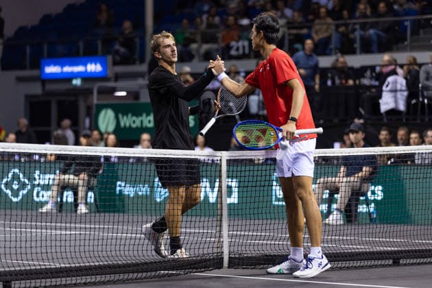Anton Shepp (NZL) and Rei Sakamoto (JPN) shake hands after match 1, Anton Shepp (NZL) vs Rei Sakamoto (JPN) during Round 1 Davis Cup Tennis at Trusts Arena, Auckland, New Zealand on Saturday 19 September 2026. Photo: Joshua Devenie z Copyright: xx