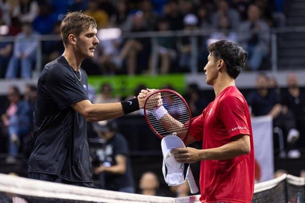 James Watt (NZL) and Sho Shimabukuro (JPN) shake hands after match 2, James Watt (NZL) vs Sho Shimabukuro (JPN) during Round 1 Davis Cup Tennis at Trusts Arena, Auckland, New Zealand on Saturday 19 September 2026. Photo: Joshua Devenie z Copyright: xx