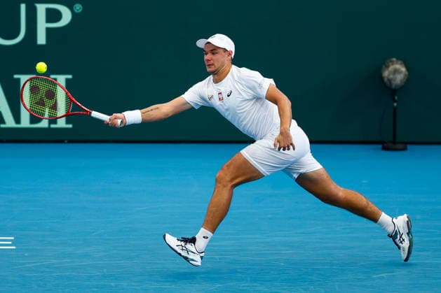 TENNIS DAVIS CUP AUSTRALIA POLAND, Kamil Majchrzak of Poland plays a forehand during the Davis Cup match between Australia and Poland at Pat Rafter Arena in Brisbane, Saturday, September 19, 2026. ( NO ARCHIVING, EDITORIAL USE ONLY  Copyright: xRUSSELLxFREEMANx 20260919151577473640