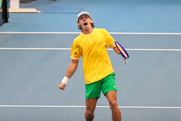 Davis Cup Australia Poland De Minaur celebrates breaking serve during his match in Brisbane, Australia - 19 Sept 2026 Australian Davis Cup player Alex De Minaur celebrates after breaking serve during his match against Poland s Maks Kasnikowski (Not seen) in the first rubber of the World Group I round being held at Pat Rafter Arena. De Minaur won the match 6-3, 6-0 for Australia to go 1-0 up. Brisbane Australia Copyright: xRichardxHainesx xSOPAxImagesx A43I3997