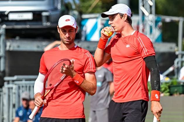 Belgian Sander Gille and Belgian Joran Vliegen pictured during a tennis match between Austrian pair Miedler Oberleitner and Belgian pair Gille Vliegen, the third rubber in the tie between Austria and Belgium, qualifiers for the Davis Cup tournament, on Saturday 19 September 2026 in Vienna, Austria. DAVIDxPINTENS  x186955584x