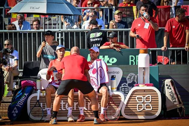 Belgian Joran Vliegen; Belgian Sander Gille and Belgian captain Steve Darcis are pictured during a tennis match between Austrian pair Miedler Oberleitner and Belgian pair Gille Vliegen, the third rubber in the tie between Austria and Belgium, qualifiers for the Davis Cup tournament, on Saturday 19 September 2026 in Vienna, Austria. DAVIDxPINTENS  x186956673x