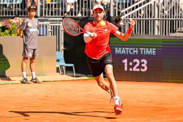 Belgian Sander Gille pictured in action during a tennis match between Austrian pair Miedler Oberleitner and Belgian pair Gille Vliegen, the third rubber in the tie between Austria and Belgium, qualifiers for the Davis Cup tournament, on Saturday 19 September 2026 in Vienna, Austria. DAVIDxPINTENS  x186964746x