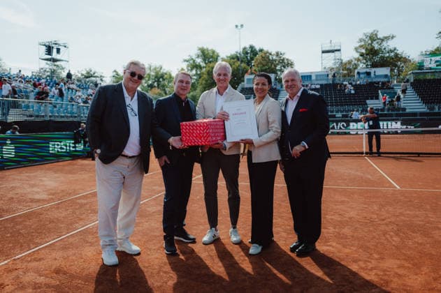 TENNIS - Davis Cup, AUT vs BEL VIENNA,AUSTRIA,19.SEP.26 - TENNIS - ITF Davis Cup, qualification round 2, Austria vs Belgium. Image shows City Councillor for Public Health Peter Hacker (Vienna), vice chancellor Andreas Babler (Austria), Martin Ohneberg (OETV), a participant and president Richard Grasl (OETV).  GEPAxpictures xAlexanderxSolc