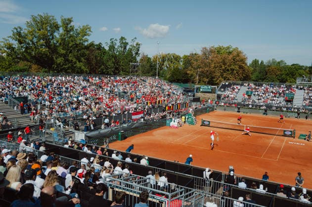 TENNIS - Davis Cup, AUT vs BEL VIENNA,AUSTRIA,19.SEP.26 - TENNIS - ITF Davis Cup, qualification round 2, Austria vs Belgium. Image shows an overview of the center court with Neil Oberleitner and Lukas Miedler (AUT).  GEPAxpictures xAlexanderxSolc