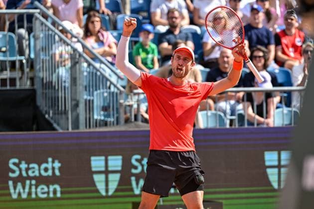 Belgian Sander Gille celebrates after scoring during a tennis match between Austrian pair Miedler Oberleitner and Belgian pair Gille Vliegen, the third rubber in the tie between Austria and Belgium, qualifiers for the Davis Cup tournament, on Saturday 19 September 2026 in Vienna, Austria. DAVIDxPINTENS  x186965519x