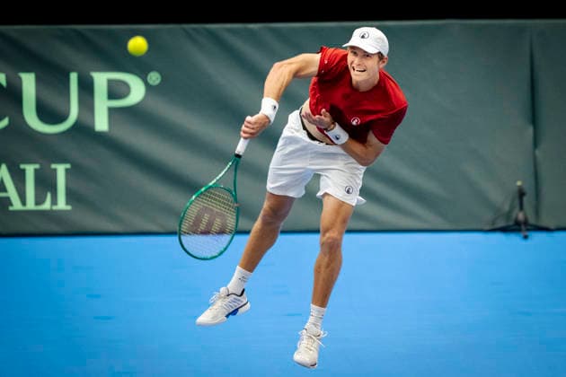 Tennis Davis Cup match between Denmark and Bulgaria Denmark s August Holmgren during the Davis Cup match between Denmark and Bulgaria at Royal Stage, Hilleroed, Saturday, September 19, 2026. (Photo: Sebastian Elias Uth Ritzau Scanpix) , Denmark Copyright: SebastianxEliasxUthx spdk20260919-132045-L