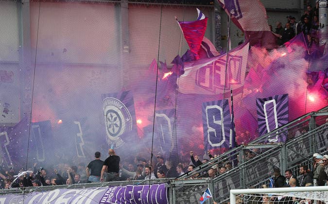 Pyro im osnabruecker Block Fussball, Herren, Saison 2026 2027, 2.BL, Holstein Stadion, Holstein Kiel gegen VfL Osnabrueck DFL REGULATIONS PROHIBIT ANY USE OF PHOTOGRAPHS AS IMAGE SEQUENCES AND OR QUASI-VIDEO.