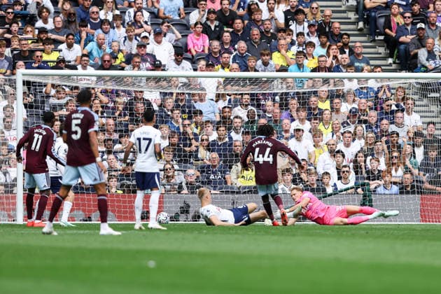 19th September 2026; Tottenham Hotspur Stadium, London, England; Premier League Football, Tottenham Hotspur versus Aston Villa; Johan Manzambi of Aston Villa shoots and scores his teams 1st goal of the match in the 45+4th minute for 0-1 HenningxVonxJagow