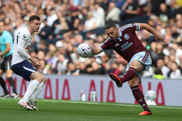 Tottenham Hotspur v Aston Villa 19 September 2026 London - Premier League Football - Tottenham Hotspur v Aston Villa - John McGinn of Aston Villa crosses the ball as Andrew Robertson of Tottenham Hotspur looks on. (Photo by Mark Leech). London UK Copyright: xMarkxLeechxOffside