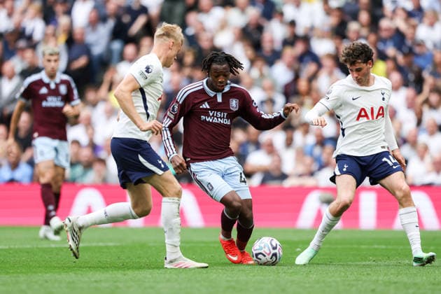 19th September 2026; Tottenham Hotspur Stadium, London, England; Premier League Football, Tottenham Hotspur versus Aston Villa; Johan Manzambi of Aston Villa takes on Jan Paul van Hecke of Tottenham Hotspur HenningxVonxJagow