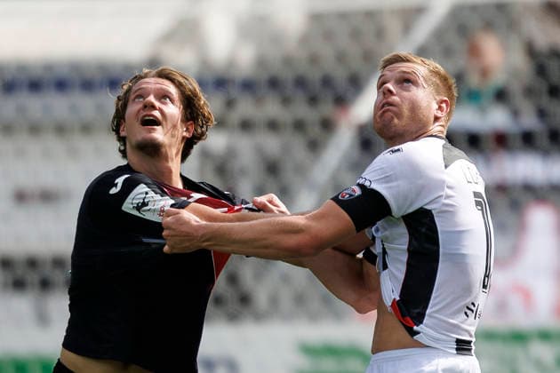 KOELN, GERMANY - SEPTEMBER 19, 2026: Tobias Eisenhuth (Viktoria Köln, 6) and Lars Lokotsch (FC Ingolstadt, 13) tackling during the 3rd division match on gameday 7 between Viktoria Koeln vs. FC Ingolstadt at the Sportpark Hoehenberg on September 19, 2026 in Koeln, Germany. DFL REGULATIONS PROHIBIT ANY USE OF PHOTOGRAPHS AS IMAGE SEQUENCES AND OR QUASI-VIDEO. Nordrhein-Westfalen Germany Copyright: xAxelxKohringx