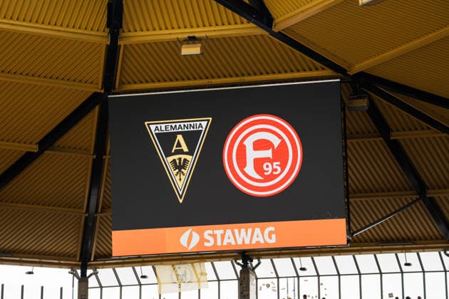 Deutschland: Fussball 3. Liga 2026 - 2027, 7. Spieltag - Alemannia Aachen vs Fortuna Düsseldorf - Tivoli (Aachen): Wappen auf Videowand Copyright: xThiemoxRudolphx