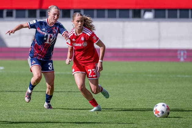 Kampf um den Ball Zweikampf zwischen Sophie Nachtigall (1. FC Koeln, 30) und Sophie Proost (FC Bayern Muenchen Frauen, 23) GER, FC Bayern Muenchen Frauen vs. 1. FC Koeln, Fussball, Google Pixel Frauen-Bundesliga, 5. Spieltag, Saison 2026 2027, 19.09.2026 (DFL DFB REGULATIONS PROHIBIT ANY USE OF PHOTOGRAPHS as IMAGE SEQUENCES and or QUASI-VIDEO). Foto: HMB Media Heike Feiner Copyright: HMBxMedia HeikexFeiner