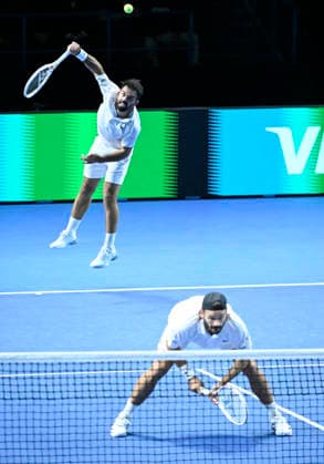 LKS 20260919 Monaco s Romain Arneodo and Hugo Nys (front) during their tennis Davis Cup World Group I doubles match between Finland and Monaco in Espoo, Finland, on September 19, 2026. - HEIKKI SAUKKOMAA Espoo Finland B_FoZJOkEl4  Copyright: xHeikkixSaukkomaax B_FoZJOkEl4