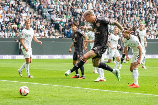 Phillip Tietz (1. FSV Mainz 05, 09) erzielt das Tor zum 1:1. Borussia Moenchengladbach vs. 1. FSV Mainz 05, Fussball, 1. Bundesliga, 04. Spieltag, Saison 2026 2027, 19.09.2026 DFL DFB Regulations prohibit any use of Photographs as image sequences and or Quasivideo Borussia Moenchengladbach vs. 1. FSV Mainz 05, Fussball, 1. Bundesliga, 04. Spieltag, Saison 2026 2027, 19.09.2026 Moenchengladbach Copyright: xEibner-Pressefoto ThomasxHaeslerx EP_THR