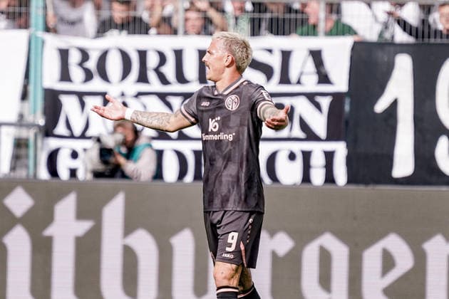 Deutschland: Fussball Saison 2026 2027 , 1. Bundesliga , 4. Spieltag , Borussia Mönchengladbach vs. 1. FSV Mainz 05 - ista-Borussia-Park (Mönchengladbach) : Phillip Tietz (1. FSV Mainz 05, 9) Geste, Gestik, Emotion Mönchengladbach ista-Borussia-Park Deutschland Germany Copyright: xBennetxLongx