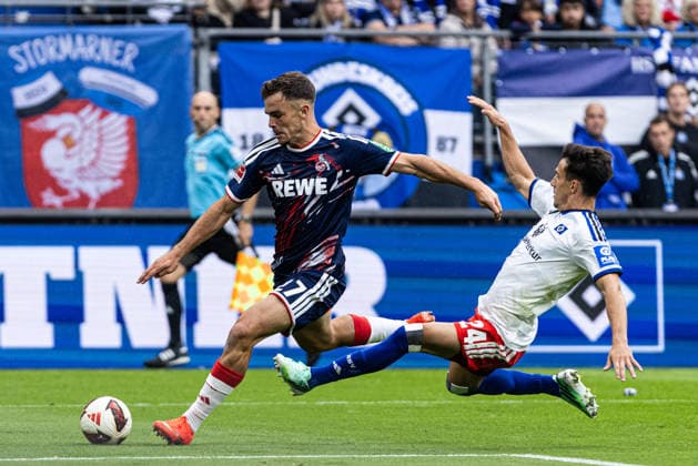 1. Fußball Bundesliga: Hamburger SV - 1. FC Köln; 19.09.2026 Thijs Dallinga (1. FC Köln, 27), Nicolas Capaldo (Hamburger SV, 24) 1. Fußball Bundesliga 4. Spieltag: Hamburger SV - 1. FC Köln; Volksparkstadion, Hamburg; 19.09.2026 DFL regulations prohibit any use of photographs as image sequences and or quasi video. Copyright: xBEAUTIFULxSPORTS Buriakovx