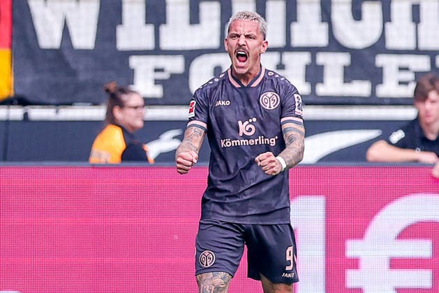 19.09.2026, Fußball, Borussia Mönchengladbach - 1. FSV Mainz 05, 1. Fußball Bundesliga, 4.Spieltag, Ista-Borussia-Park, Saison 2026 27: Torjubel nach dem Tor zum 1:1 durch Torschütze Phillip Tietz (1.FSV Mainz 05 09) DFB regulations prohibit any use of photographs as image sequences and or quasi-video. Nordrhein-Westfalen Deutschland