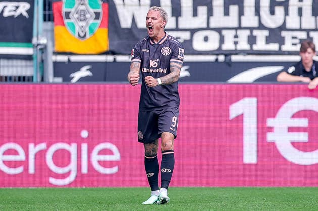 19.09.2026, Fußball, Borussia Mönchengladbach - 1. FSV Mainz 05, 1. Fußball Bundesliga, 4.Spieltag, Ista-Borussia-Park, Saison 2026 27: Torjubel nach dem Tor zum 1:1 durch Torschütze Phillip Tietz (1.FSV Mainz 05 09) DFB regulations prohibit any use of photographs as image sequences and or quasi-video. Nordrhein-Westfalen Deutschland