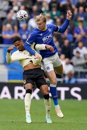 Liverpool, England, 19th September 2026. Emersonn of Ipswich Town and Jarrad Branthwaite of Everton challenge for the ball during the Everton vs Ipswich Town Premier League match at Hill Dickinson Stadium, Liverpool. Picture credit should read: Andrew Yates Sportimage EDITORIAL USE ONLY. No use with unauthorised audio, video, data, fixture lists, club league logos or live services. Online in-match use limited to 120 images, no video emulation. No use in betting, games or single club league player publications. SPI_017_AY_Everton_Ipswich SPI-5008-0017
