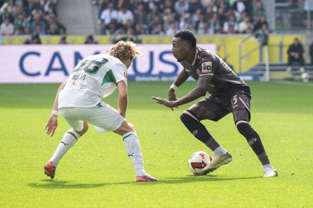 Zweikampf zwischen Hugo Bolin (Borussia Moenchengladbach, 38) und Sheraldo Becker (1. FSV Mainz 05, 23). Borussia Moenchengladbach vs. 1. FSV Mainz 05, Fussball, 1. Bundesliga, 04. Spieltag, Saison 2026 2027, 19.09.2026 DFL DFB Regulations prohibit any use of Photographs as image sequences and or Quasivideo Borussia Moenchengladbach vs. 1. FSV Mainz 05, Fussball, 1. Bundesliga, 04. Spieltag, Saison 2026 2027, 19.09.2026 Moenchengladbach Copyright: xEibner-Pressefoto ThomasxHaeslerx EP_THR