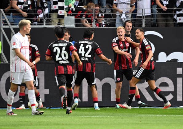 19.09.2026, xjhx, Fussball 1.Bundesliga, Eintracht Frankfurt - SC Freiburg v.l. Younes Ebnoutalib (Eintracht Frankfurt) Goal scored, erzielt das Tor zum 1:0 (DFL DFB REGULATIONS PROHIBIT ANY USE OF PHOTOGRAPHS as IMAGE SEQUENCES and or QUASI-VIDEO) Frankfurt am Main