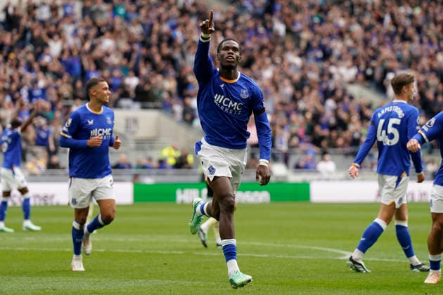 Liverpool, England, 19th September 2026. Thierno Barry of Everton scores to make it 1-0 during the Everton vs Ipswich Town Premier League match at Hill Dickinson Stadium, Liverpool. Picture credit should read: Andrew Yates Sportimage EDITORIAL USE ONLY. No use with unauthorised audio, video, data, fixture lists, club league logos or live services. Online in-match use limited to 120 images, no video emulation. No use in betting, games or single club league player publications. SPI_020_AY_Everton_Ipswich SPI-5008-0020