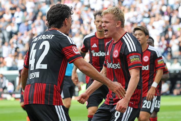 Frankfurt, Deutschland 19. September 2026: 1. BL - 2026 2027 - Sp. 4 - Eintracht Frankfurt gegen SC Freiburg Im Bild: Torschütze Jonathan Burkardt (Frankfurt) freut sich über sein Tor zum 2:1 DFL DFB regulations prohibit any use of photographs as image sequences and or quasi-video Deutsche Bank Park Hessen Copyright: xFotostandx xRacochax