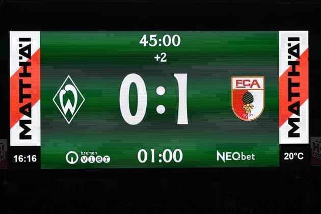 19.09.26, GER, Fussball, 1.FBL Männer, 4. Spieltag, Saison2026 2027, SV Werder Bremen vs. FC Augsburg Anzeigentafel Feature Impression Spielstand 0:1. Bremen Weserstadion Bremen Germany Copyright: xnordphotoxGmbHx xTauchnitzx