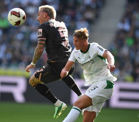 19.09.2026, xophax, Fussball 1.Bundesliga.DFL.Fußball. Bor.Mönchengladbach gegen 1.FSV Mainz 05. Phillip Tietz ( Mainz 05 ) , links und Jan Leszczynski ( Mönchengladbach ) (DFL DFB REGULATIONS PROHIBIT ANY USE OF PHOTOGRAPHS as IMAGE SEQUENCES and or QUASI-VIDEO) Mönchengladbach