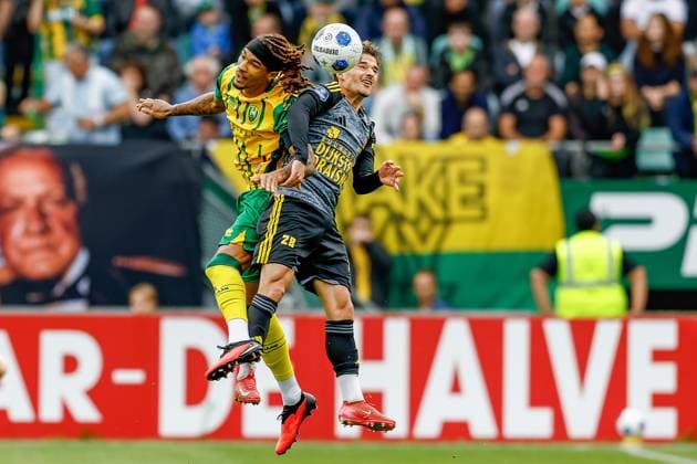 DEN HAAG , 19-09-2026 , WerkTalent Stadium , season 2026 2027 , Dutch Eredivisie football , match between ADO Den Haag and Cambuur , picture shows ADO Den Haag player Jonas Jensen-Abbew vs SC Cambuur player Morgan Costarelli ADO - Cambuur  x207260318x Copyright: