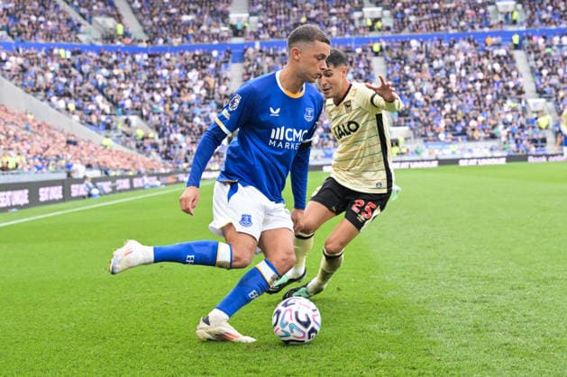 19th September 2026; Everton Stadium, Liverpool, England; Premier League Football, Everton versus Ipswich Town; Exequiel Palacios of Ipswich Town tussles with Brennan Johnson of Everton for the ball LeexDurkin