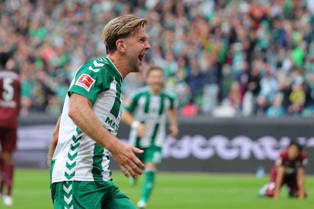 19.09.26, GER, Fussball, 1.FBL Männer, 4. Spieltag, Saison2026 2027, SV Werder Bremen vs. FC Augsburg Torjubel Jubel. Torschütze Torschuetze Niclas Füllkrug Niclas Fuellkrug (SV Werder Bremen 10) jubelt ueber das Tor zum 2:2 Bremen Weserstadion Bremen Germany Copyright: xnordphotoxGmbHx xTauchnitzx