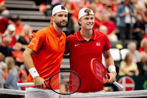 Denmark Davis Cup match between Denmark and Bulgaria Bulgaria s Grigor Dimitrov and Denmark s Holger Rune before the Davis Cup match between Denmark and Bulgaria at Royal Stage, Hilleroed, Saturday, September 19, 2026. (Photo: Sebastian Elias Uth Ritzau Scanpix) , Denmark Copyright: SebastianxEliasxUthx spdk20260919-174602-L