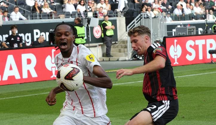 19.09.2026 xmgoodx Frankfurt am Main, Deutsche Bank Park Bundesliga Saison 2026 2027 Eintracht Frankfurt - SC Freiburg Elias Baum (2, Eintracht Frankfurt) gegen Jordy Makengo (Freiburg) DFL DFB REGULATIONS PROHIBIT ANY USE OF PHOTOGRAPHS AS IMAGE SEQUENCES AND OR QUASI-VIDEO.