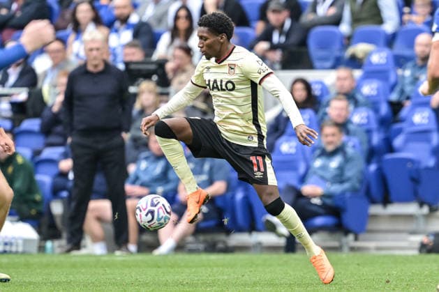 19th September 2026; Everton Stadium, Liverpool, England; Premier League Football, Everton versus Ipswich Town; Jaden Philogene Bidace of Ipswich Town controls the loose ball LeexDurkin